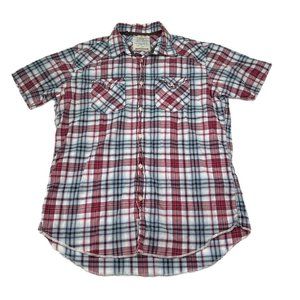 SBS Super Bad Shirt Mens Medium Button Up Plaid Short Sleeve Red Blue White